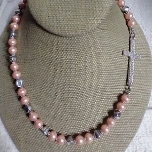 Silvertone pink beaded crystal cross necklace christian catholic religious